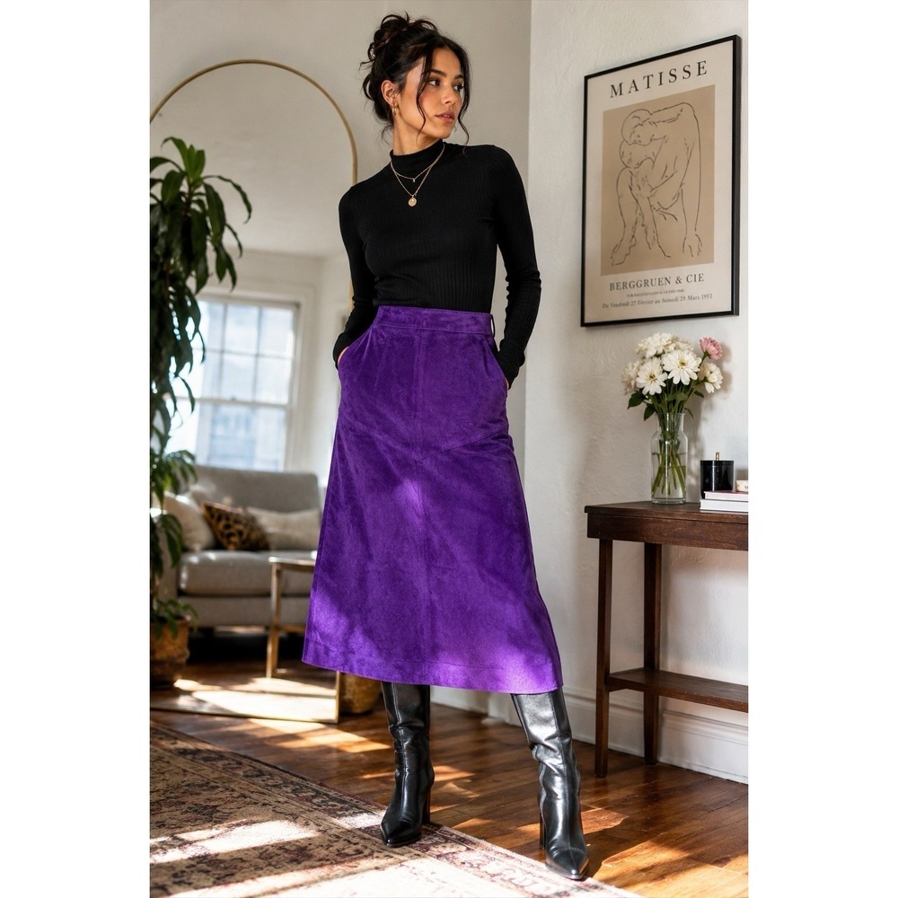 Vintage Evan Davies Purple Pig Suede Midi Skirt High Waist Lined Pockets Pet. 6